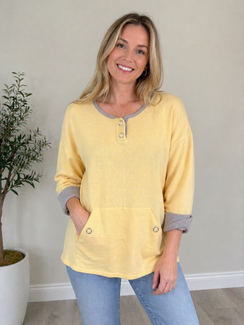 Angel Yellow Button-Neck Pullover with Gray Trim